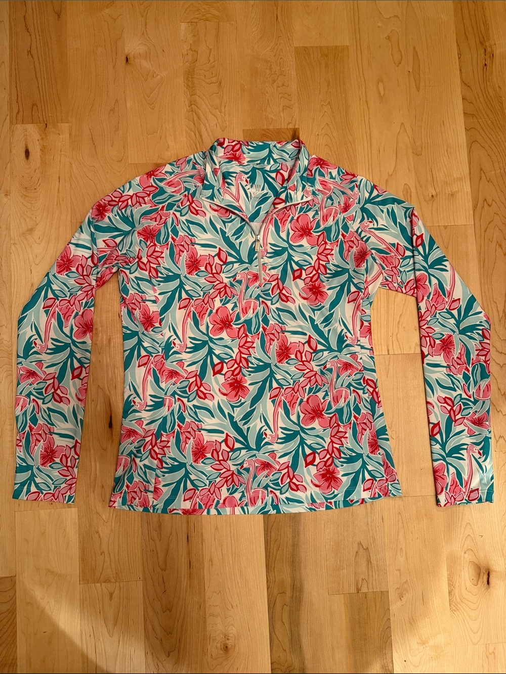 NWOT Tail Long-Sleeve Floral Quarter-Zip Polo in Pink & Teal